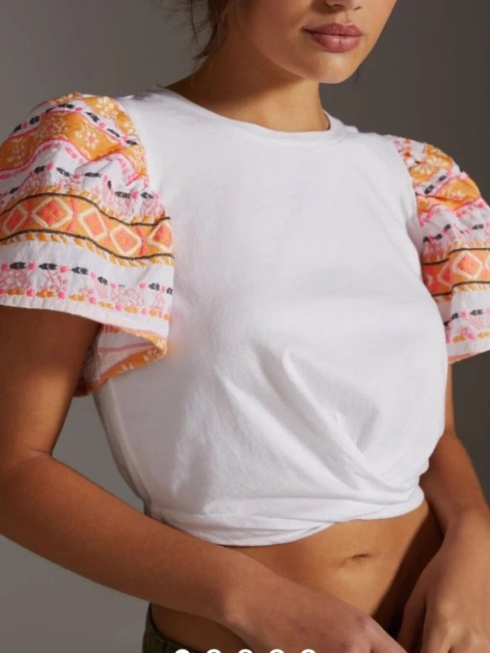 Anthropologie Dolan Embroidered Sleeve Twist Top White Pink Orange L